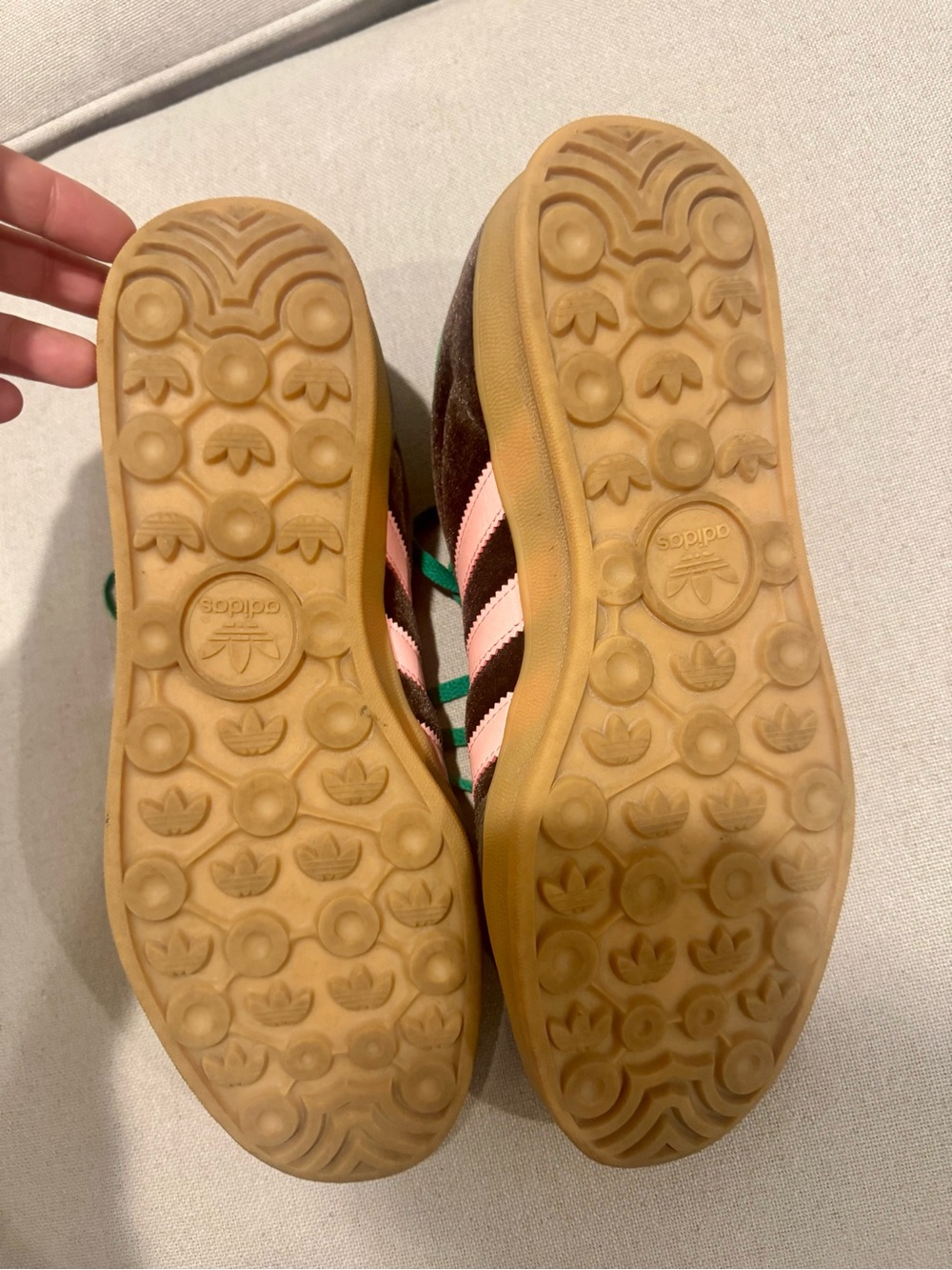 adidas Brown Suede Gazelle Sneakers with Pink Stripes and Green Accents - Picture 6 of 7